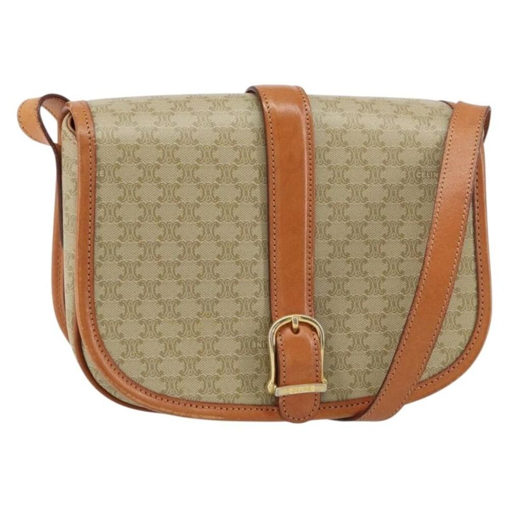 Celine Vintage Macadam Canvas And Leather Beige Canvas Shoulder Bag Bag